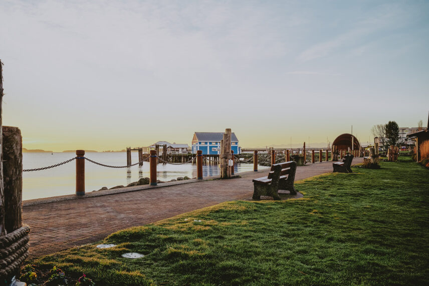 A scenic waterfront promenade in Sidney with well-placed benches, lush green grass, and a view of the pier and vibrant blue seaside buildings
