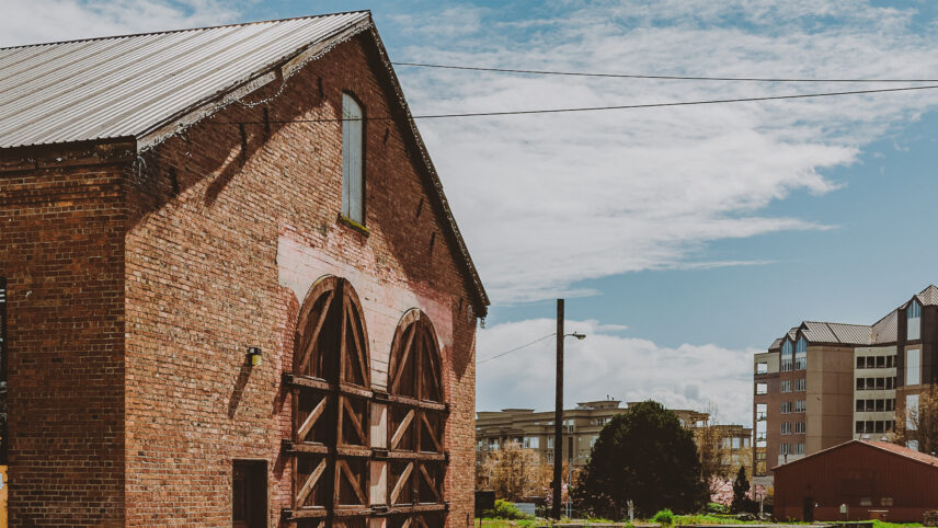 Historic brick building in the Vic West/Songhees neighborhood of Victoria, BC