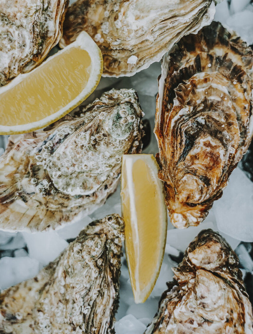 The freshly shucked oysters paired with vibrant lemon slices showcase the exceptional quality and freshness that Finest at Sea is known for.