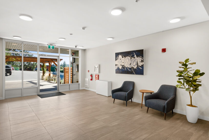 Bright and modern lobby area at 110 Presley Place, Unit 101, listed by Folio Group at Clover Residential in Victoria, BC