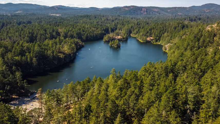Scenic aerial view of Thetis Lake surrounded by dense forest near 101 Presley Place, listed by Folio Group at Clover Residential in Victoria, BC