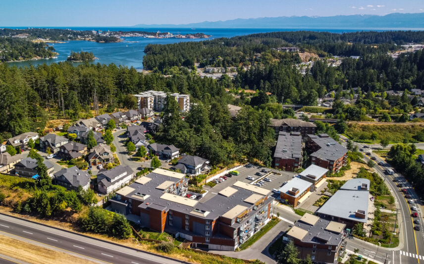 Panoramic aerial view of Thetis Lakeside development and surrounding residential area near 101 Presley Place, listed by Folio Group at Clover Residential in Victoria, BC
