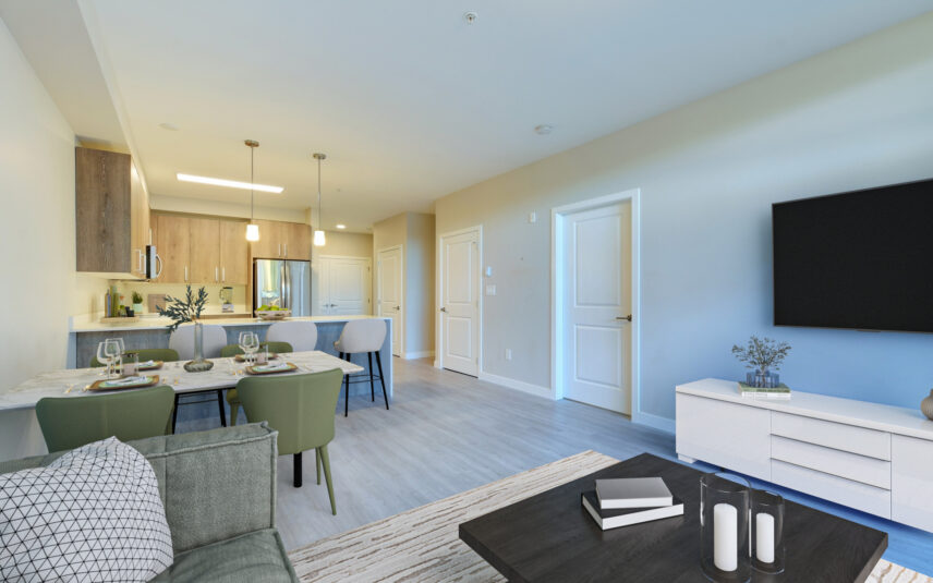 Modern open-concept living and kitchen space at 101 Presley Place, Unit 110, listed by Folio Group at Clover Residential in Victoria, BC