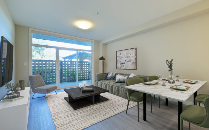 Bright living and dining area with patio access at 101 Presley Place, Unit 110, listed by Folio Group at Clover Residential in Victoria, BC