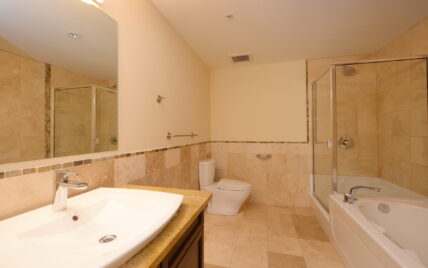 Luxurious bathroom with tiled walls, walk-in shower, and soaking tub at 1035 Sutlej Street, Victoria, BC