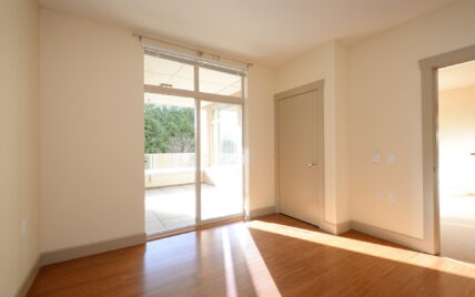 Bedroom with large glass doors leading to a private patio at 1035 Sutlej Street, Victoria, BC