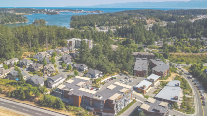 An aerial view of a vibrant residential area surrounded by lush greenery and scenic water bodies. It captures a mix of modern townhouses, apartment complexes, and single-family homes nestled within a forested environment.