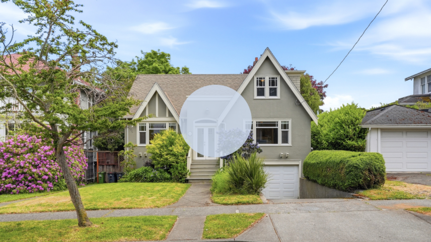 A stately Fairfield character home on Linden Avenue — stucco exterior, peaked rooflines, and lush established gardens that set the tone before you ever step inside.