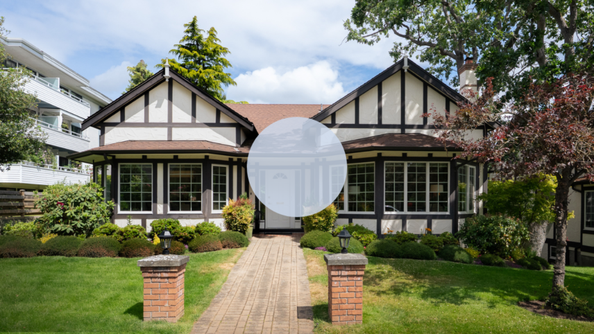 Stand-alone end-unit townhouse at 2112 Granite Street, Oak Bay, Victoria BC | Tudor-style exterior with manicured garden and brick pathway