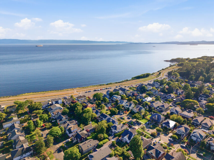 An aerial shot of Fairfield overlooking Dallas Rd of the Pacific Ocean
